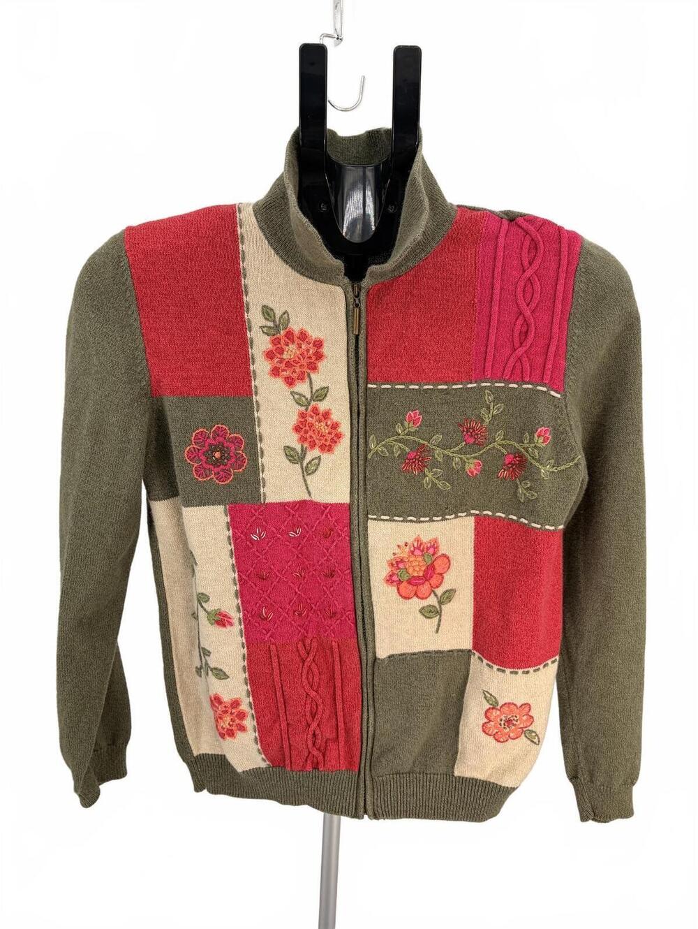Alfred Dunner Cardigan‎ Sweater Petite PM Olive Green Pink Floral Patchwork